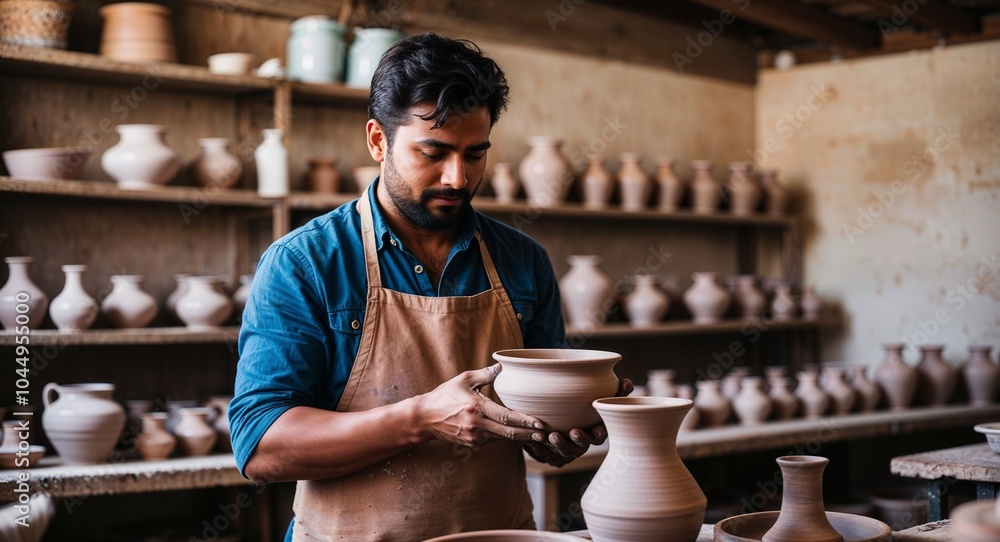 Artisan crafting pottery in a workshop background skilled artisan focused on crafting beautiful pottery in a rustic workshop Artisan crafting pottery in a workshop background skilled artisan focused on crafting beautiful pottery in a rustic workshop