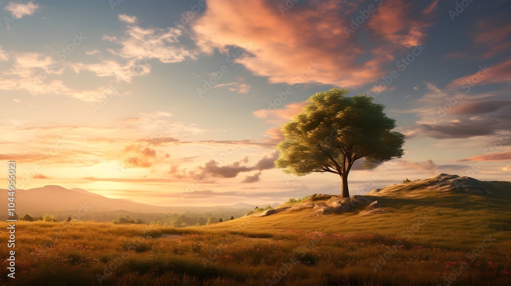 Obraz premium Golden hour bathes a tranquil meadow in warm hues