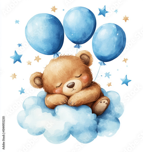 A cute and charming teddy bear sleeping on a cloud with blue stars and balloons. .