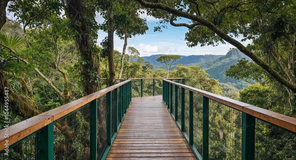 Fototapeta premium Canopy walk in rainforest with stunning views background elevated walkway through the rainforest canopy offering breathtaking views
