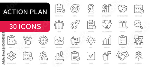 Action plan vector line icons set. Planning, strategy, objective editable stroke icon