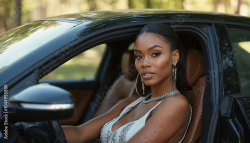 An elegant African American woman in a white dress with diamond jewelry is sitting in the driver's seat of a black car, gazing at the camera with a serious expression.
