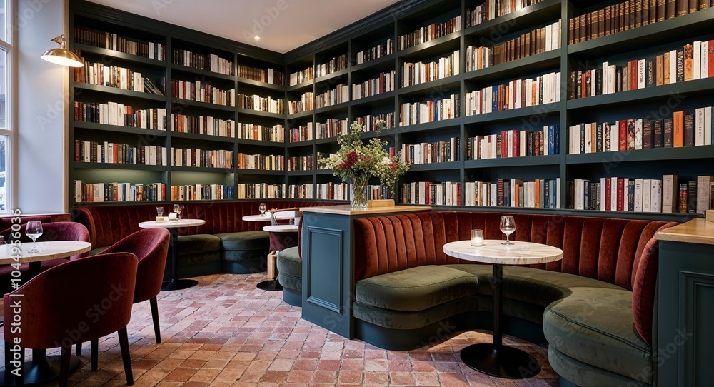 Cozy cafe with plush seating and books background inviting cafe filled with plush seating and shelves of books Cozy cafe with plush seating and books background inviting cafe filled with plush seating and shelves of books