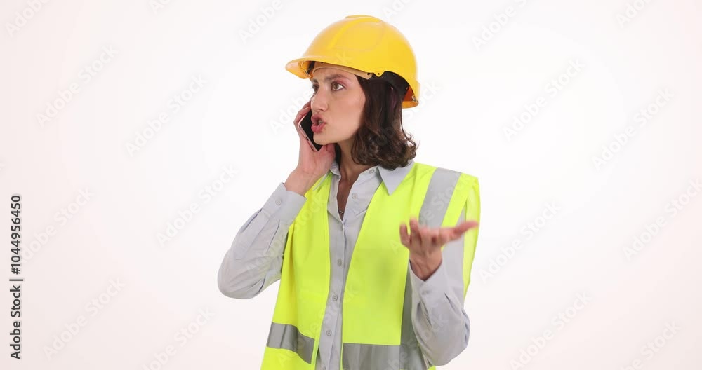 Irritated woman engineer talks on phone feeling anxiety on white. Angry young female architect in safety uniform communicates with partner Irritated woman engineer talks on phone feeling anxiety on white. Angry young female architect in safety uniform communicates with partner