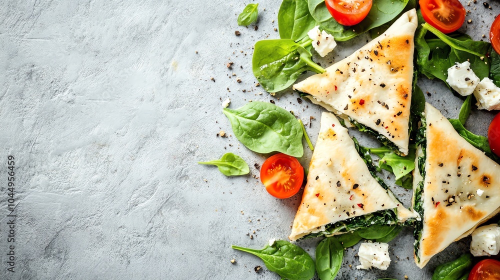 A plate of spinach and feta pie served with a green salad and cherry tomatoes. A plate of spinach and feta pie served with a green salad and cherry tomatoes.