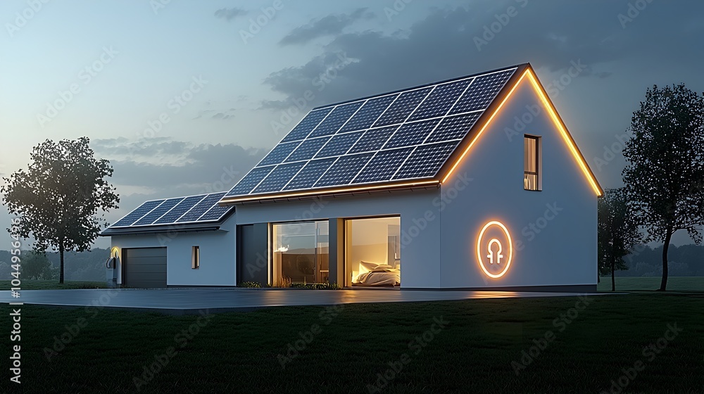 Glowing neon house with solar panels on its roof featuring a plug symbol set against a dark backdrop representing the concept of sustainable energy and clean power Glowing neon house with solar panels on its roof featuring a plug symbol set against a dark backdrop representing the concept of sustainable energy and clean power