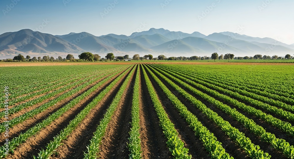 Farming fields with crop rows and mountains background neatly arranged agricultural lands stretching toward impressive mountain silhouettes