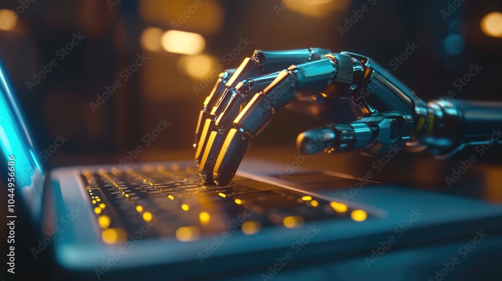 Robotic hand pressing a laptop keyboard, 3D render Robotic hand pressing a laptop keyboard, 3D render