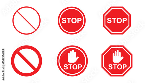 Stop sign with hand. set of stop street icon collection. red stop hand sign with text. stop road sign. road sign and symbol. flat design. vector icon