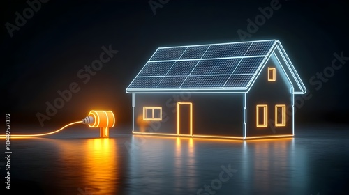 Neon Illuminated House with Solar Panels Generating Renewable Electricity   Futuristic Emphasizing Clean Energy and Sustainability