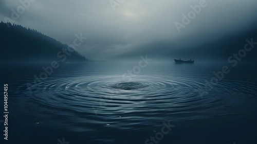 Raindrops fall on a serene lake, creating concentric ripples on the water's surface