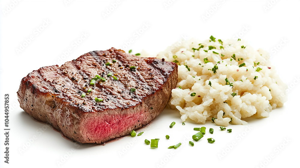Steak with cauliflower rice healthy food isolated on white background Steak with cauliflower rice healthy food isolated on white background