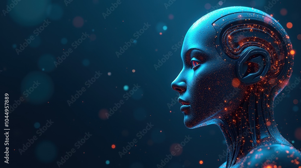 An abstract 3D illustration featuring the silhouette of a robotic face, symbolizing concepts like artificial intelligence, technology, and the fusion of humanity with machines. An abstract 3D illustration featuring the silhouette of a robotic face, symbolizing concepts like artificial intelligence, technology, and the fusion of humanity with machines.
