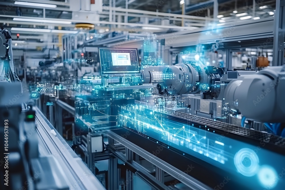 Fototapeta premium Futuristic Smart Factory Showcases Advanced Automation Machinery and Interconnected Systems