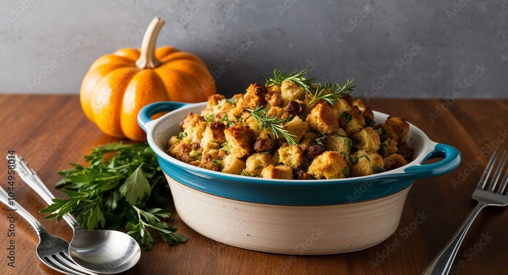 Fototapeta premium Homemade stuffing in a ceramic dish background savory stuffing prepared with fresh herbs and served in an elegant bowl