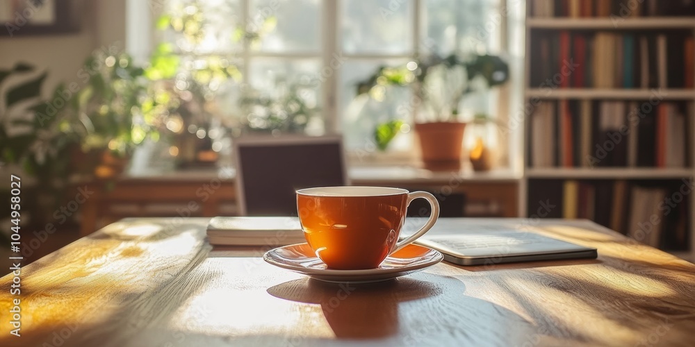 Cozy Home Office with Coffee and Natural Light Cozy Home Office with Coffee and Natural Light