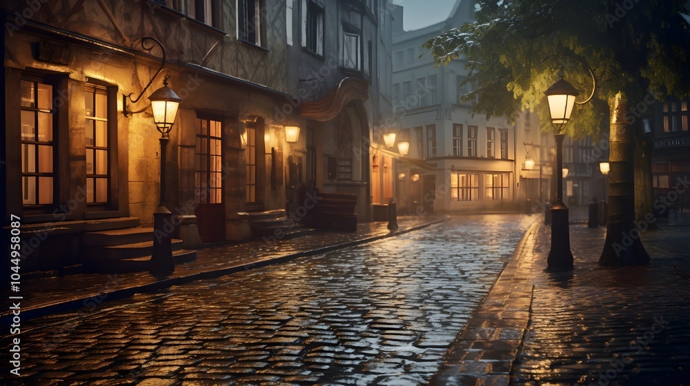 Rain-soaked cobblestone streets reflect the glow of vintage street lamps Rain-soaked cobblestone streets reflect the glow of vintage street lamps