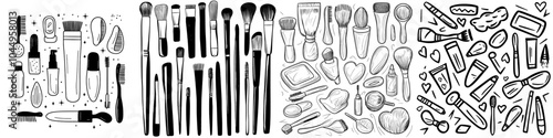 Makeup artist accessories set with cosmetics. Collection of hand-drawn contour illustrations.