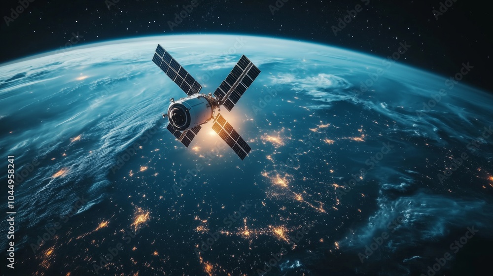 Naklejka premium Satellite orbiting earth representing global connectivity and data transmission networks