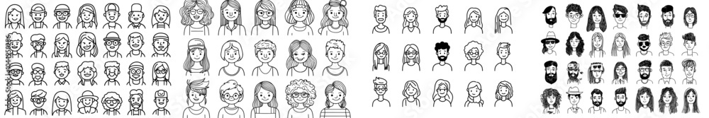 Male and female cartoon avatars with different hairstyles and accessories hand drawn in black and white color. Monochrome modern illustration. Male and female cartoon avatars with different hairstyles and accessories hand drawn in black and white color. Monochrome modern illustration.