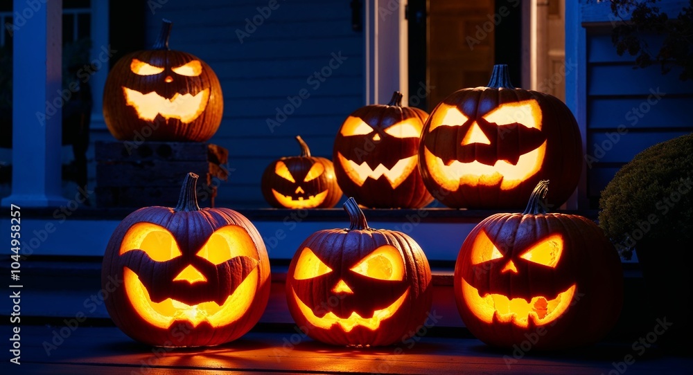 Obraz premium Jack o lanterns glowing on a porch background sinister pumpkins carved with frightening faces casting flickering shadows in the night