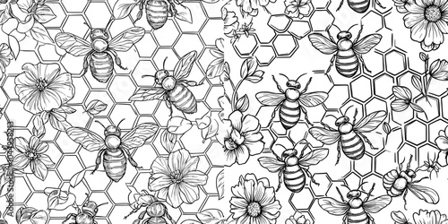 This seamless pattern features hand drawn bees, honeycomb, linden leaves, and meadow flowers on a white background. Natural modern illustration for textile prints or wallpaper.