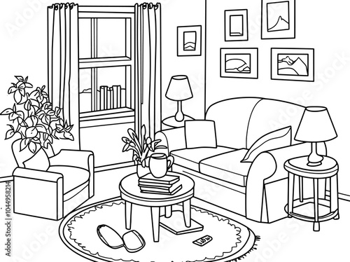 Illustration of a modern living room in black and white with stylish comfortable furnishings and home decorations. Back to the future illustration in black and white.