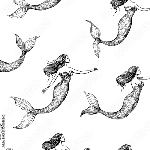 Hand drawn mermaids on a white background. Undine as a backdrop. Modern illustration for wallpaper, fabric prints, wrapping papers.