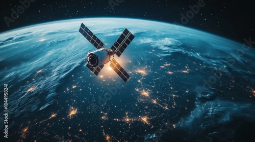 Satellite orbiting earth representing global connectivity and data transmission networks