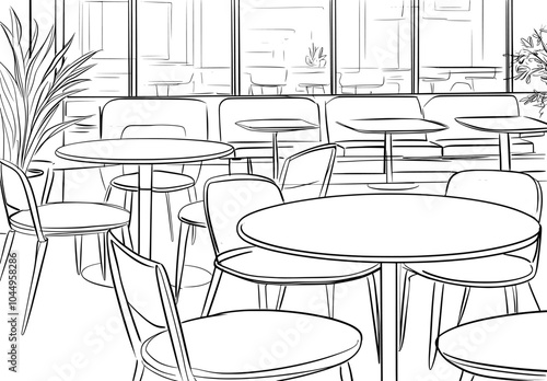 The interior of a modern restaurant or cafe includes elegant tables, chairs, pendant lights drawn in monochrome. A freehand sketch of a bistro bursting with stylish furniture. A modern illustration