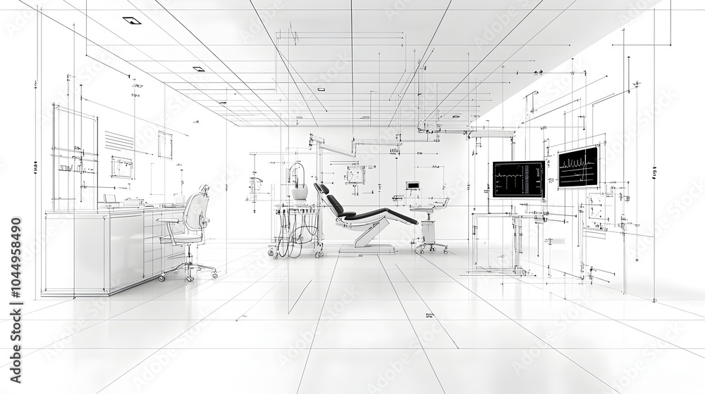 Fototapeta premium Sleek and Sophisticated Dental Clinic with Abstract Technology Design of a Modern Medical Office with Minimalist Black and White Aesthetic Detailed Lines and Healthcare Equipment