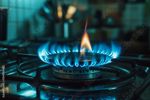 Blue Flame on Gas Stove Burner Against Kitchen Background Generative AI photo