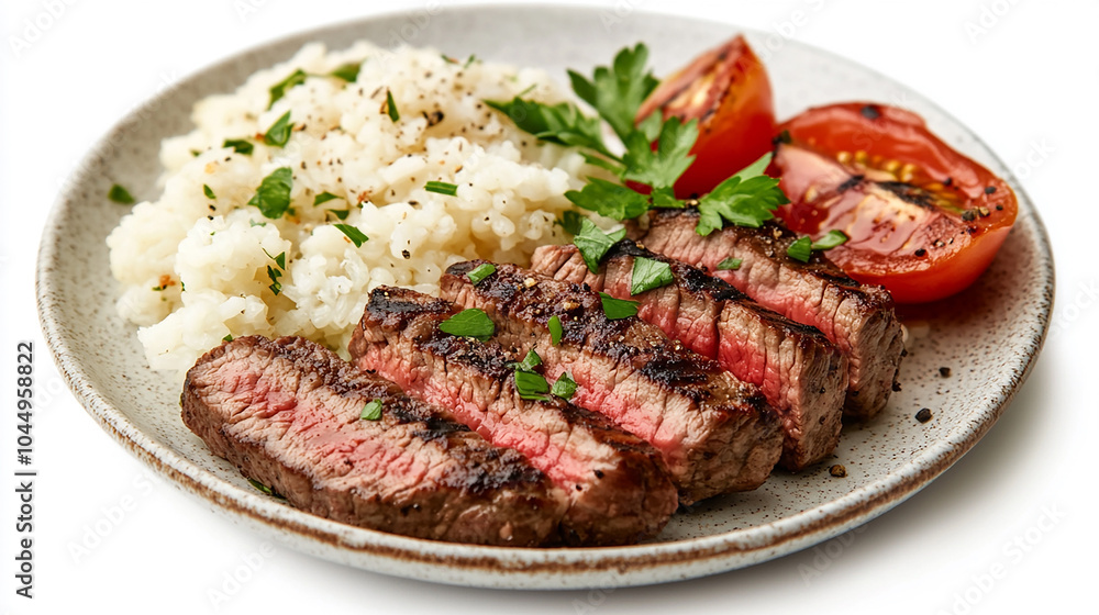 Steak with cauliflower rice healthy food isolated on white background Steak with cauliflower rice healthy food isolated on white background