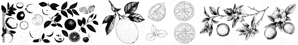 Illustrations of citrus fruits and herbs drawn on white background. Bergamot, pomelo, lemon, lime, mandarin, orange, red orange detailed design elements. Illustrations of citrus fruits and herbs drawn on white background. Bergamot, pomelo, lemon, lime, mandarin, orange, red orange detailed design elements.