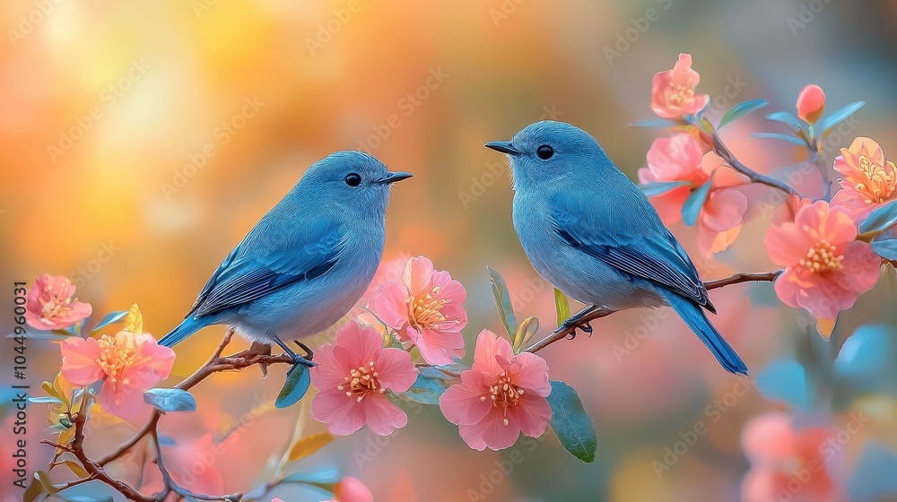 A serene moment of two birds perched on a flowering branch, with soft petals framing the scene, evoking feelings of tranquility and joy. A serene moment of two birds perched on a flowering branch, with soft petals framing the scene, evoking feelings of tranquility and joy.