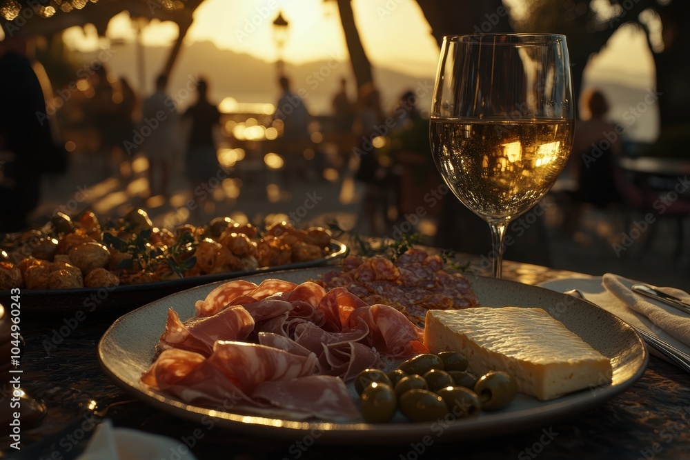 An outdoor dinner setting featuring a glass of white wine, a plate of charcuterie with olives, cheese, and cured meats, illuminated by the warm glow of a sunset in the background. An outdoor dinner setting featuring a glass of white wine, a plate of charcuterie with olives, cheese, and cured meats, illuminated by the warm glow of a sunset in the background.