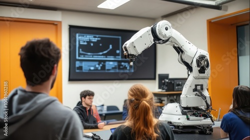 Wallpaper Mural University robotics lecture with students programming a robot arm Torontodigital.ca