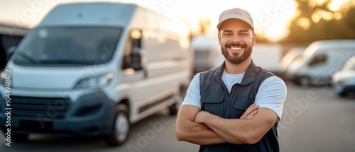 A man delivering something in front of his car. Smiling and snapping a picture in front of the delivery van is the delivery man.