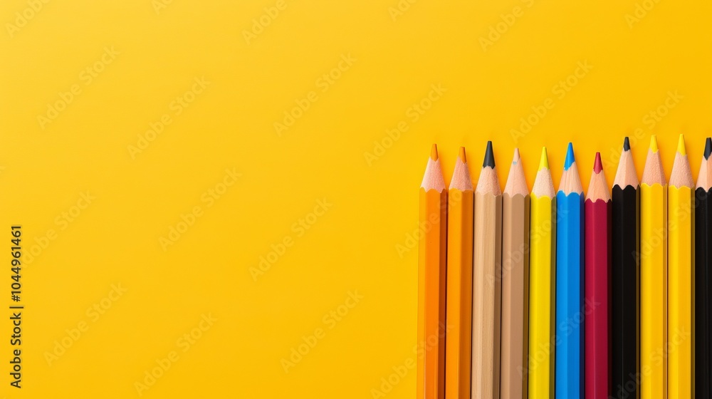 Colorful pencils arranged neatly on a bright yellow background in a creative workspace Colorful pencils arranged neatly on a bright yellow background in a creative workspace