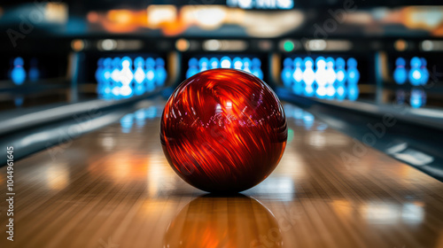 Bowling ball on lane with blurred pins and vibrant background. Depth of field photography in a lively bowling alley. Sports and recreation concept.