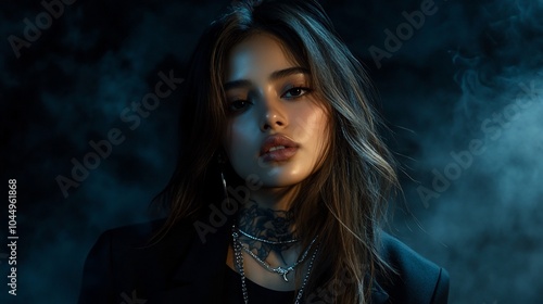 Young woman with long brown hair, smokey blue eyes, and multiple necklaces looking intensely at the camera in front of a smoky, blue background.