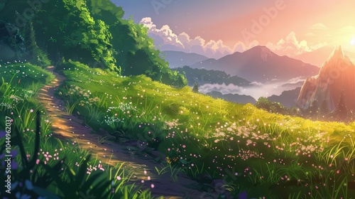 wonderful lofi inspired anime landscape showing a small path into freedom photo