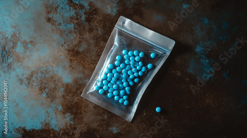 Clear baggie filled with tiny blue pills lying on a grimy countertop