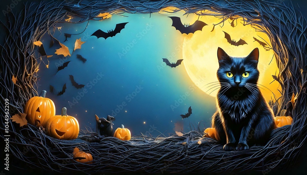 halloween background with pumpkin cat and bats halloween background with pumpkin cat and bats