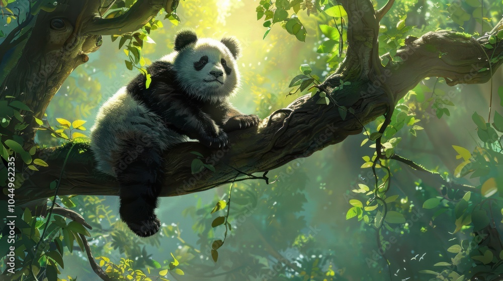 Obraz premium Panda Relaxing in the Lush Forest