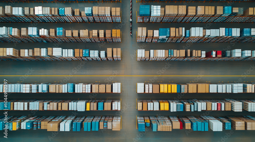 Aerial view of large distribution center showcasing organized rows of shelves filled with various packages and boxes. layout emphasizes efficiency and logistics in storage Aerial view of large distribution center showcasing organized rows of shelves filled with various packages and boxes. layout emphasizes efficiency and logistics in storage
