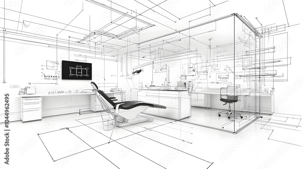Fototapeta premium Detailed architectural sketch of a sleek high tech dental clinic featuring abstract technology influenced design elements in a clean contemporary medical office environment