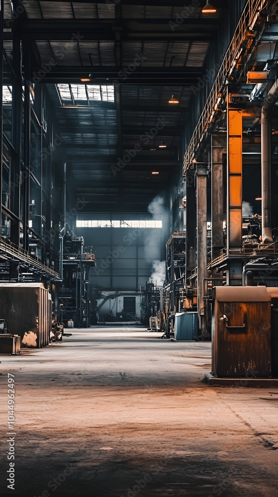 vast industrial warehouse featuring large, rusted machines and dim lighting creates dramatic atmosphere. scene captures essence of abandoned space filled with history and character vast industrial warehouse featuring large, rusted machines and dim lighting creates dramatic atmosphere. scene captures essence of abandoned space filled with history and character