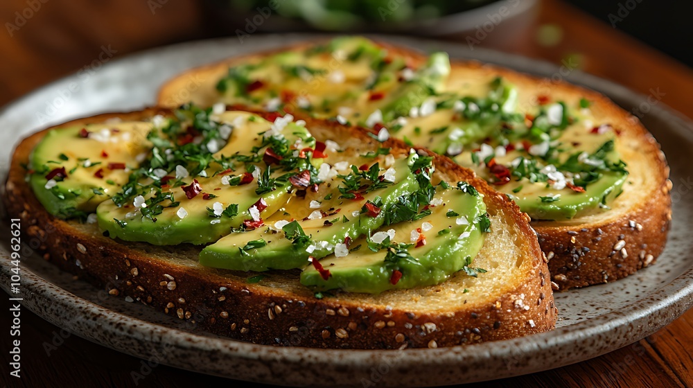 Two slices of toasted bread topped with sliced avocado, herbs, and red pepper flakes on a plate. Two slices of toasted bread topped with sliced avocado, herbs, and red pepper flakes on a plate.