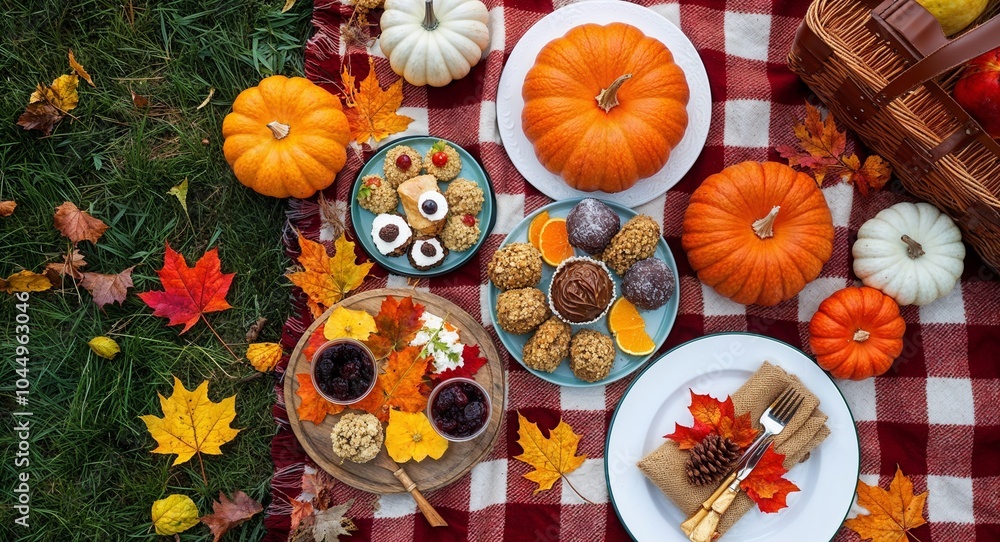 Scenic fall picnic with a checkered blanket background inviting picnic scene featuring seasonal treats laid out on a checkered cloth Scenic fall picnic with a checkered blanket background inviting picnic scene featuring seasonal treats laid out on a checkered cloth